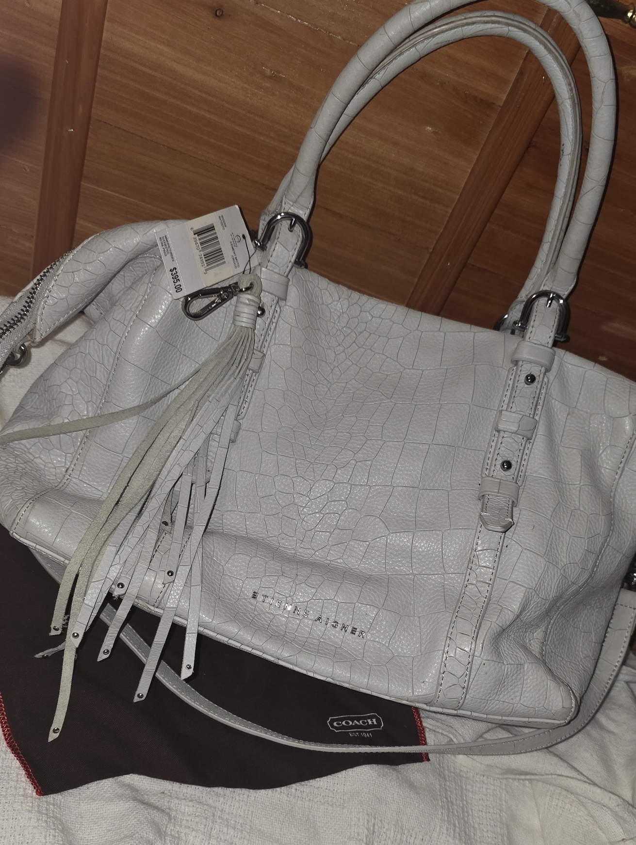 Etienne Aigner White Croc-Embossed Leather Shoulder Bag With Tassel